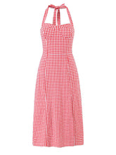 Elegant Plaid Halter Backless Vacation Slit Midi Dress